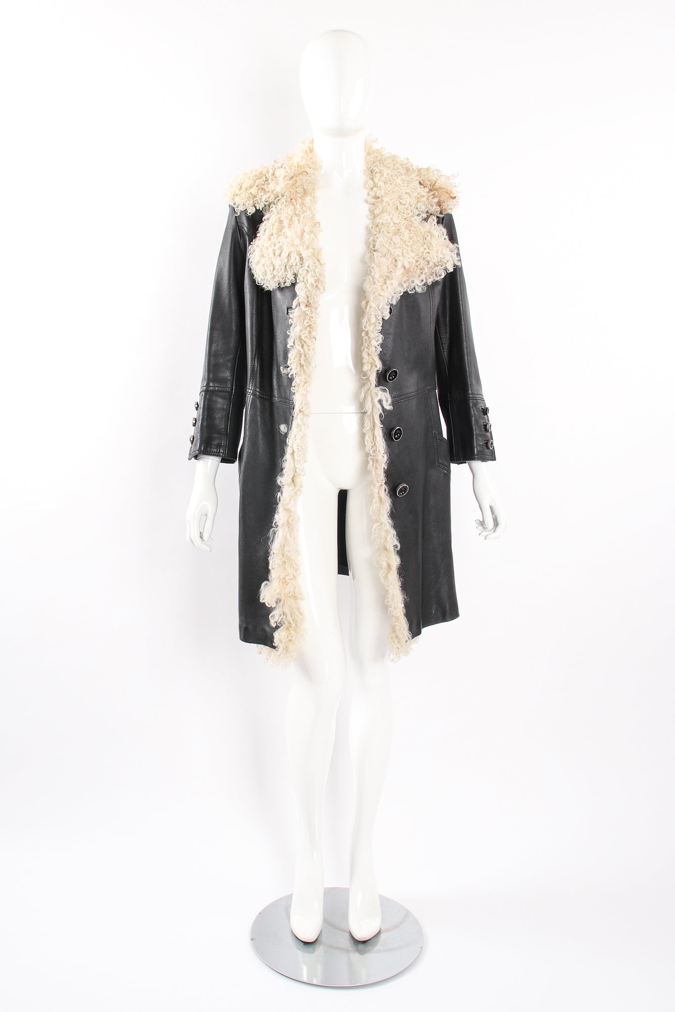 Vintage Leda Spain by Gropper Leather & Lamb Fur Trench Coat on Mannequin open at Recess LA