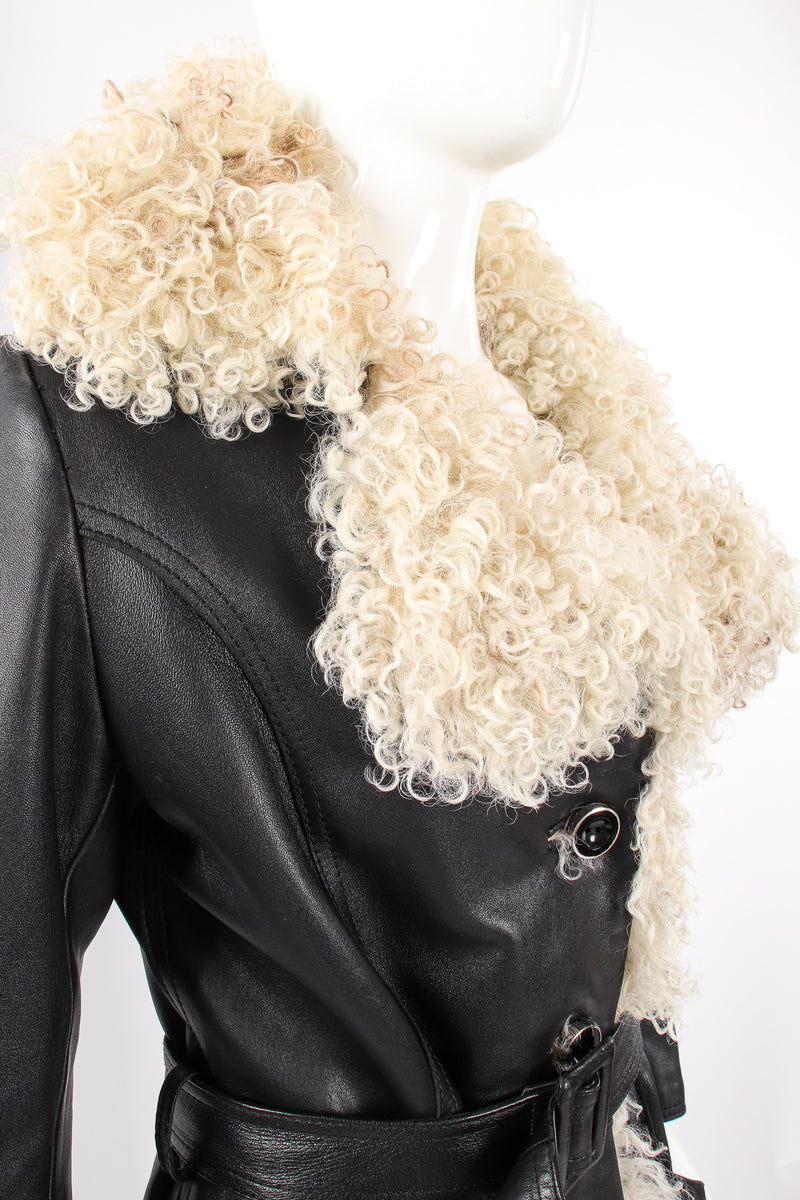 Vintage Leda Spain by Gropper Leather & Lamb Fur Trench Coat on Mannequin collar at Recess LA