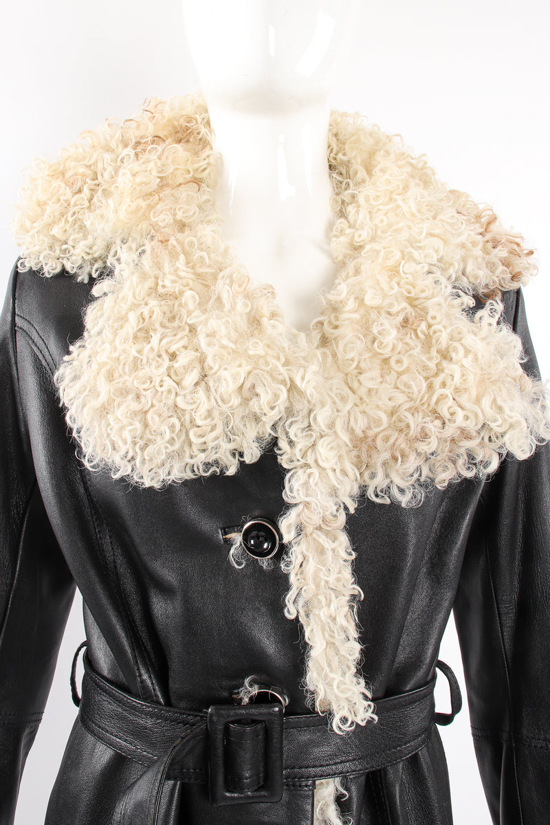 Vintage Leda Spain by Gropper Leather & Lamb Fur Trench Coat on Mannequin collar at Recess LA