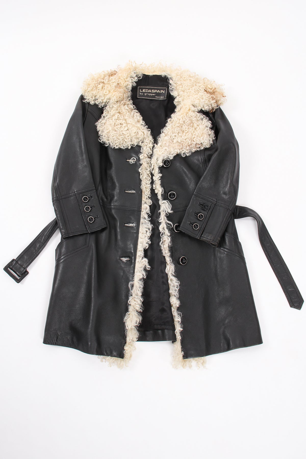 Vintage Leda Spain by Gropper Leather & Lamb Fur Trench Coat