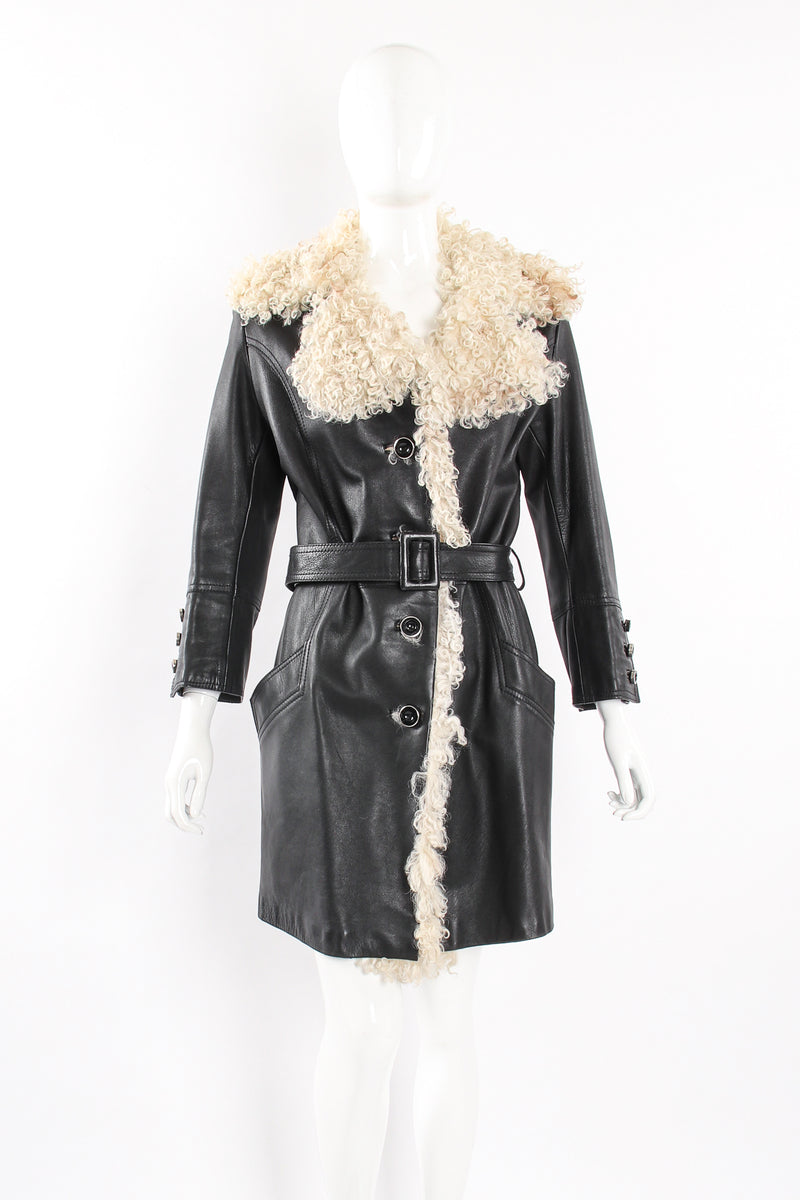Vintage Leda Spain by Gropper Leather & Lamb Fur Trench Coat on Mannequin front at Recess LA