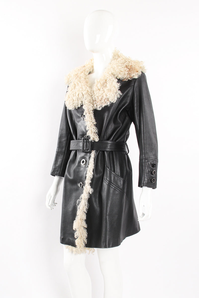 Vintage Leda Spain by Gropper Leather & Lamb Fur Trench Coat on Mannequin angle at Recess LA