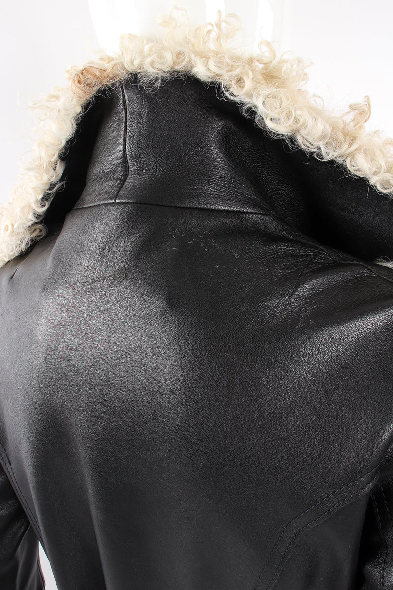 Vintage Leda Spain by Gropper Leather & Lamb Fur Trench Coat on Mannequin back shoulder wear at Recess LA