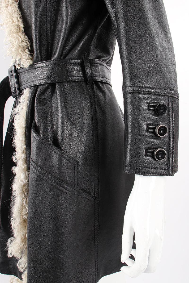 Vintage Leda Spain by Gropper Leather & Lamb Fur Trench Coat on Mannequin cuffs at Recess LA