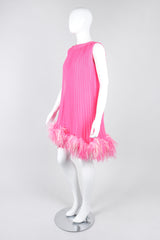 Recess Los Angeles Vintage Lee Jordan Hot Pink Pleated Feather Trim Trapeze Swing Dress