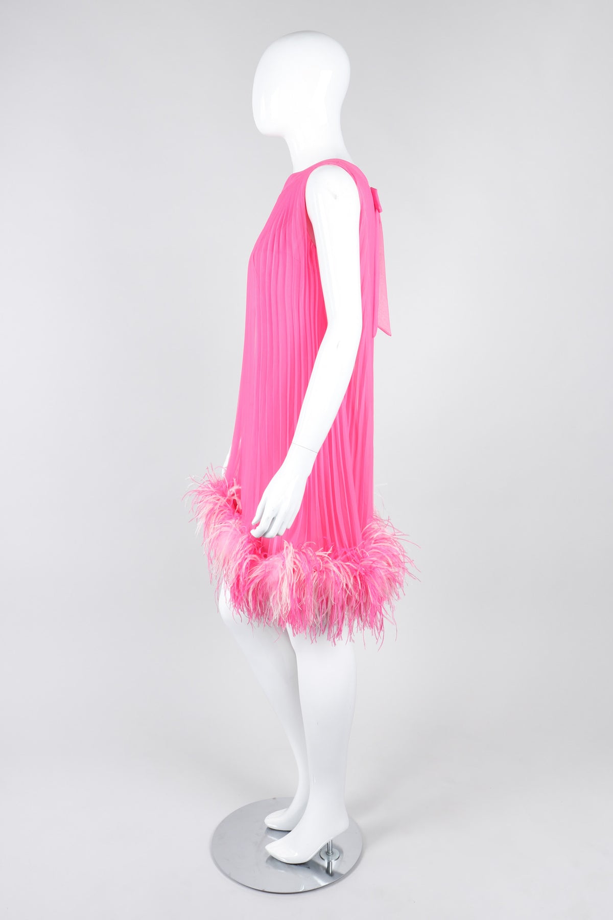 Vintage Lee Jordan Hot Pink Pleated Feather Trim Trapeze Swing Dress   Recess