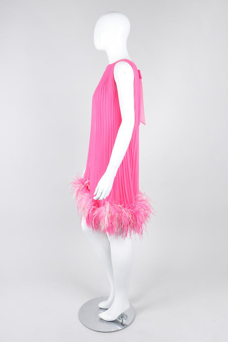 Recess Los Angeles Vintage Lee Jordan Hot Pink Pleated Feather Trim Trapeze Swing Dress