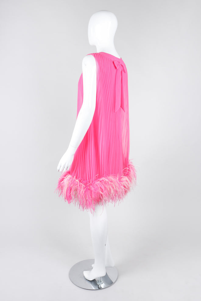 Recess Los Angeles Vintage Lee Jordan Hot Pink Pleated Feather Trim Trapeze Swing Dress