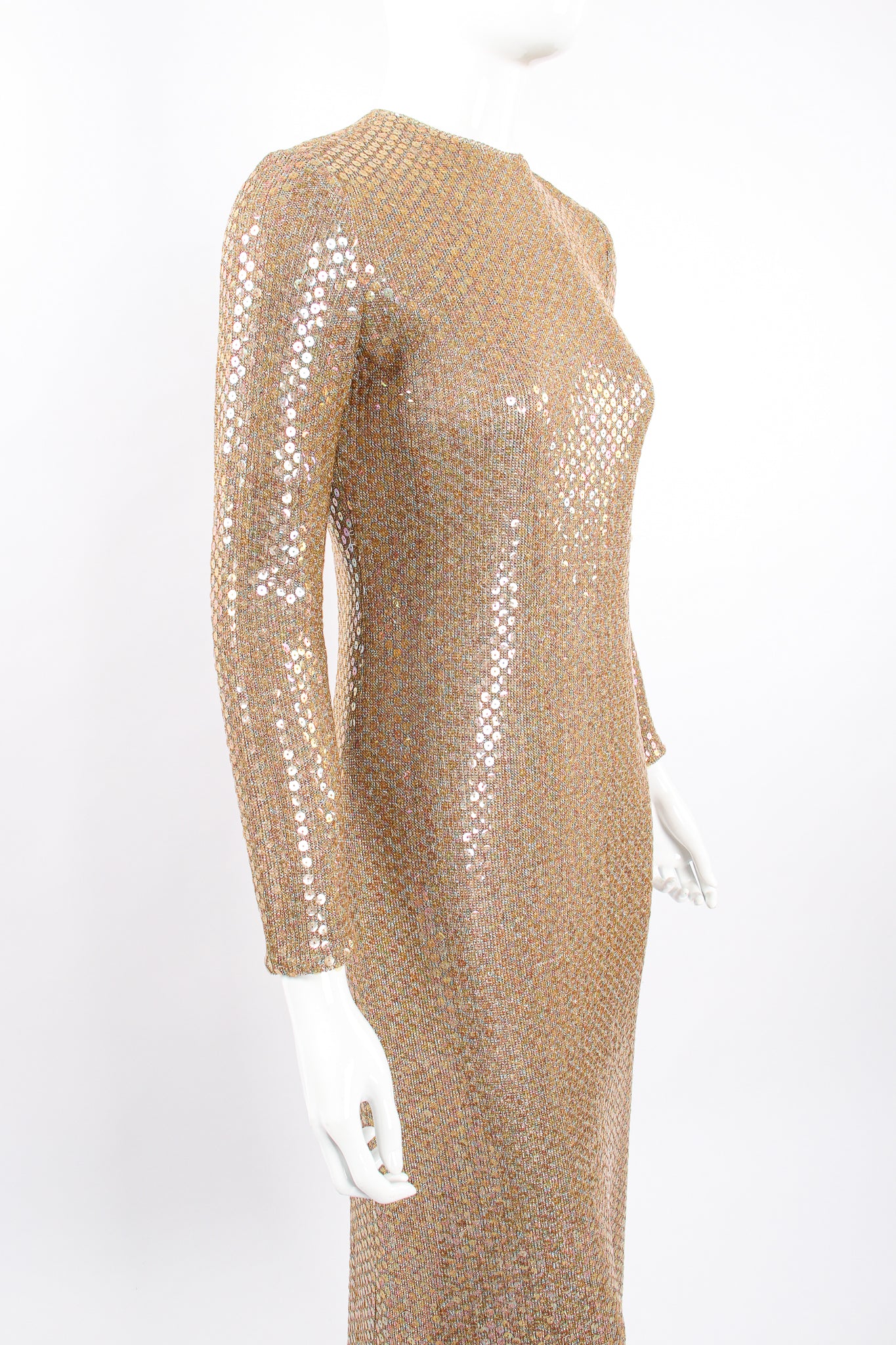 Vintage Leo Narducci Iridescent Champagne Sequin Dress on Mannequin angle at Recess LA