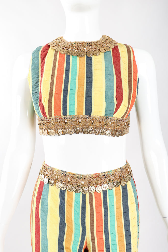 Recess Los Angeles Designer Consignment Vintage Leo Narducci Striped Seersucker Coin Fringe Crop Top & Pant Carnival Set