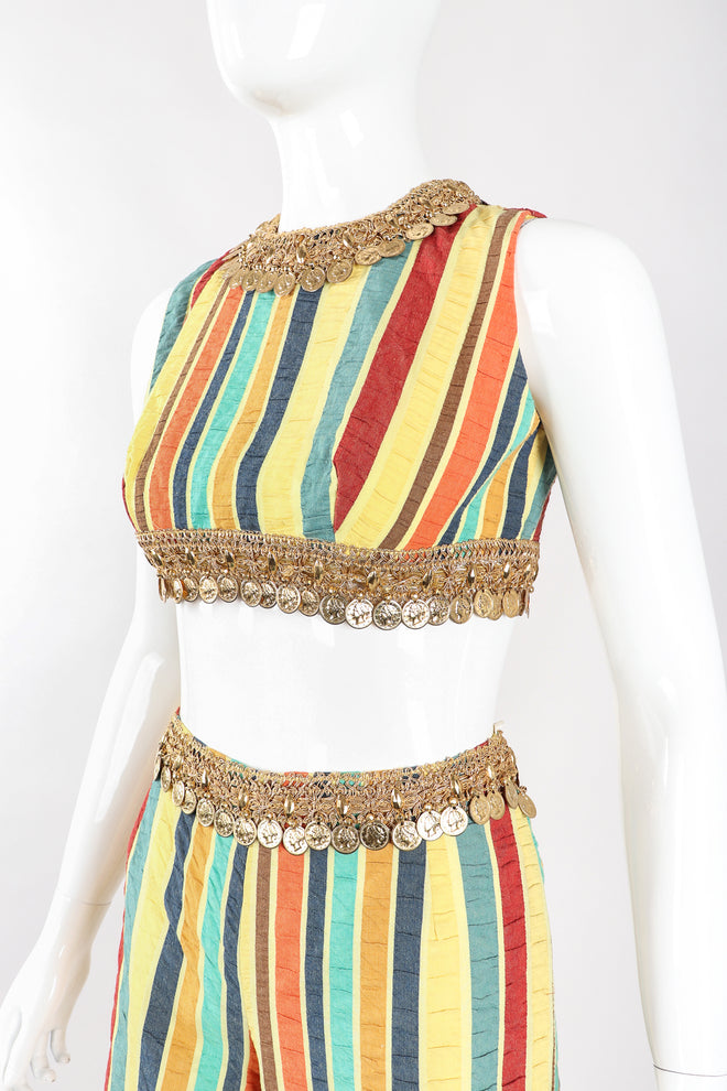 Recess Los Angeles Designer Consignment Vintage Leo Narducci Striped Seersucker Coin Fringe Crop Top & Pant Carnival Set