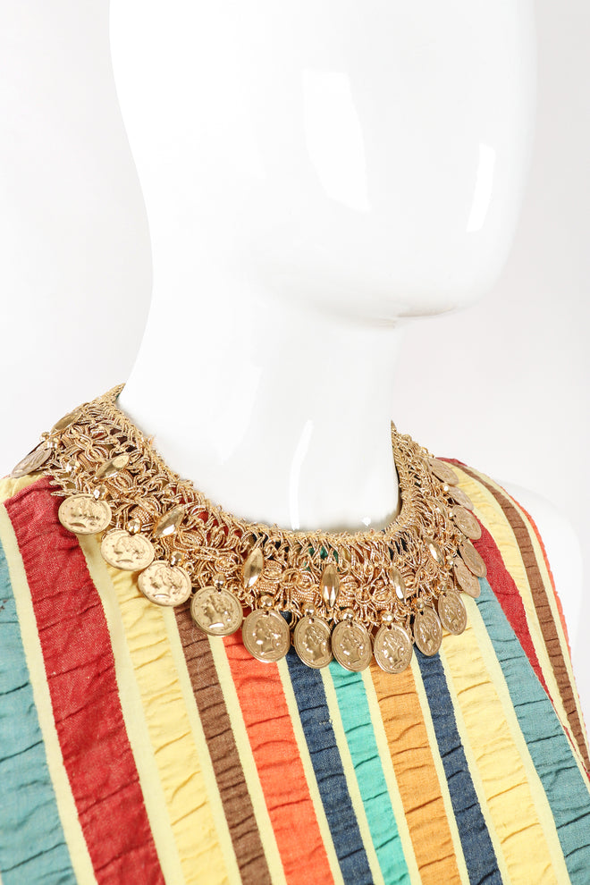 Recess Los Angeles Designer Consignment Vintage Leo Narducci Striped Seersucker Coin Fringe Crop Top & Pant Carnival Set