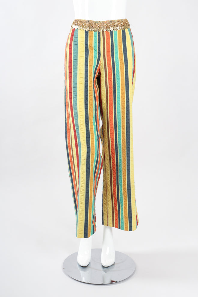 Recess Los Angeles Designer Consignment Vintage Leo Narducci Striped Seersucker Coin Fringe Crop Top & Pant Carnival Set