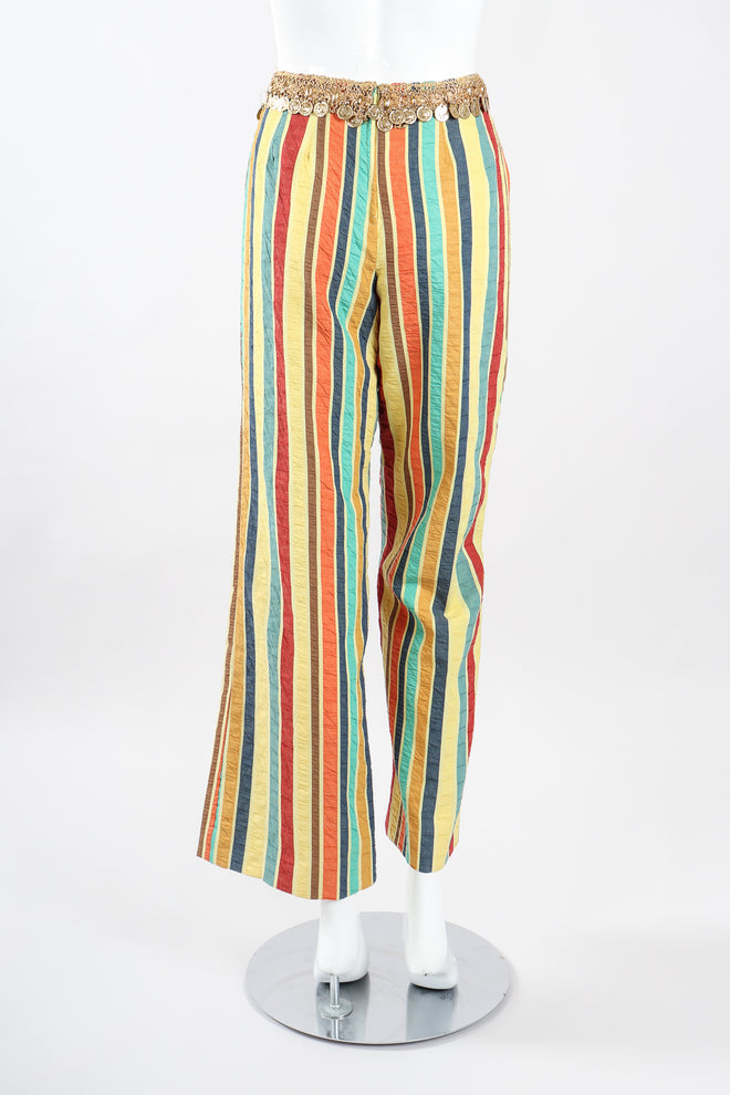 Recess Los Angeles Designer Consignment Vintage Leo Narducci Striped Seersucker Coin Fringe Crop Top & Pant Carnival Set