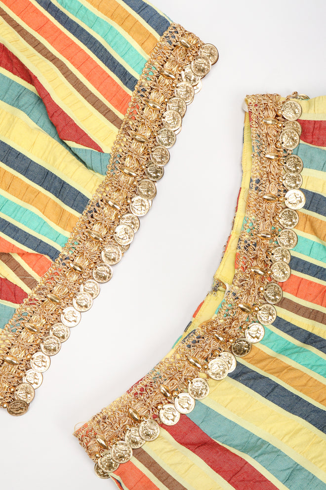Recess Los Angeles Designer Consignment Vintage Leo Narducci Striped Seersucker Coin Fringe Crop Top & Pant Carnival Set