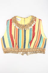 Recess Los Angeles Designer Consignment Vintage Leo Narducci Striped Seersucker Coin Fringe Crop Top & Pant Carnival Set
