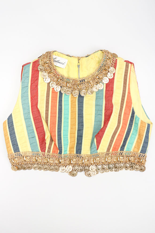 Recess Los Angeles Designer Consignment Vintage Leo Narducci Striped Seersucker Coin Fringe Crop Top & Pant Carnival Set