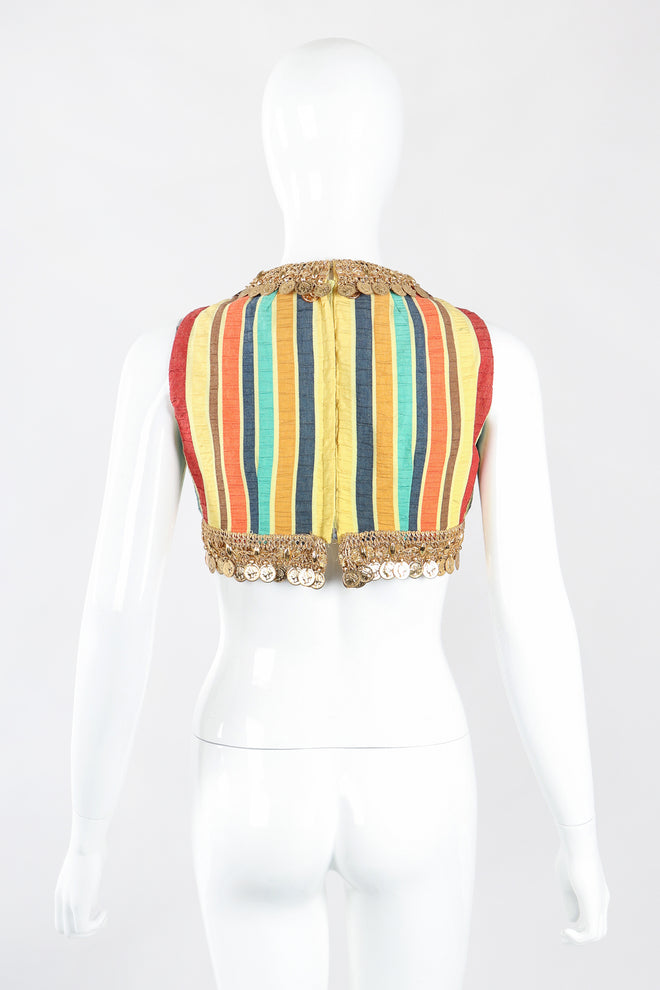 Recess Los Angeles Designer Consignment Vintage Leo Narducci Striped Seersucker Coin Fringe Crop Top & Pant Carnival Set
