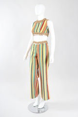 Recess Los Angeles Designer Consignment Vintage Leo Narducci Striped Seersucker Coin Fringe Crop Top & Pant Carnival Set