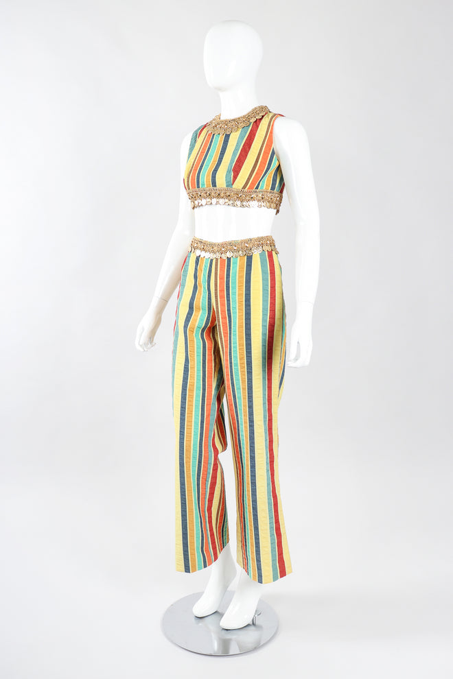 Recess Los Angeles Designer Consignment Vintage Leo Narducci Striped Seersucker Coin Fringe Crop Top & Pant Carnival Set