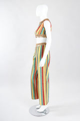 Recess Los Angeles Designer Consignment Vintage Leo Narducci Striped Seersucker Coin Fringe Crop Top & Pant Carnival Set