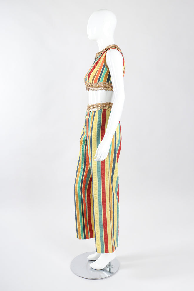 Recess Los Angeles Designer Consignment Vintage Leo Narducci Striped Seersucker Coin Fringe Crop Top & Pant Carnival Set