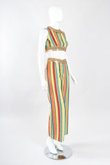 Recess Los Angeles Designer Consignment Vintage Leo Narducci Striped Seersucker Coin Fringe Crop Top & Pant Carnival Set
