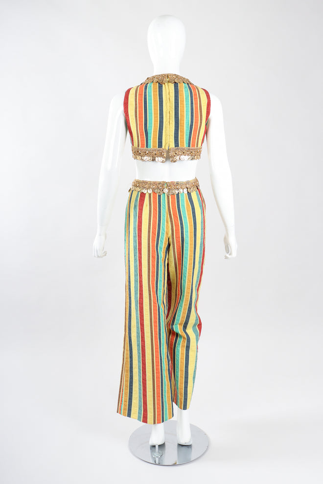 Recess Los Angeles Designer Consignment Vintage Leo Narducci Striped Seersucker Coin Fringe Crop Top & Pant Carnival Set
