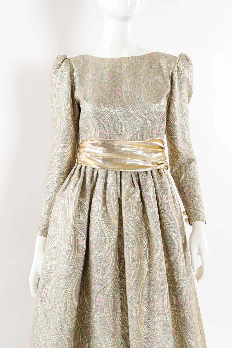 Vintage Leonard for Neiman Marcus Floral Brocade Metallic Gown mannequin front close up @ Recess LA
