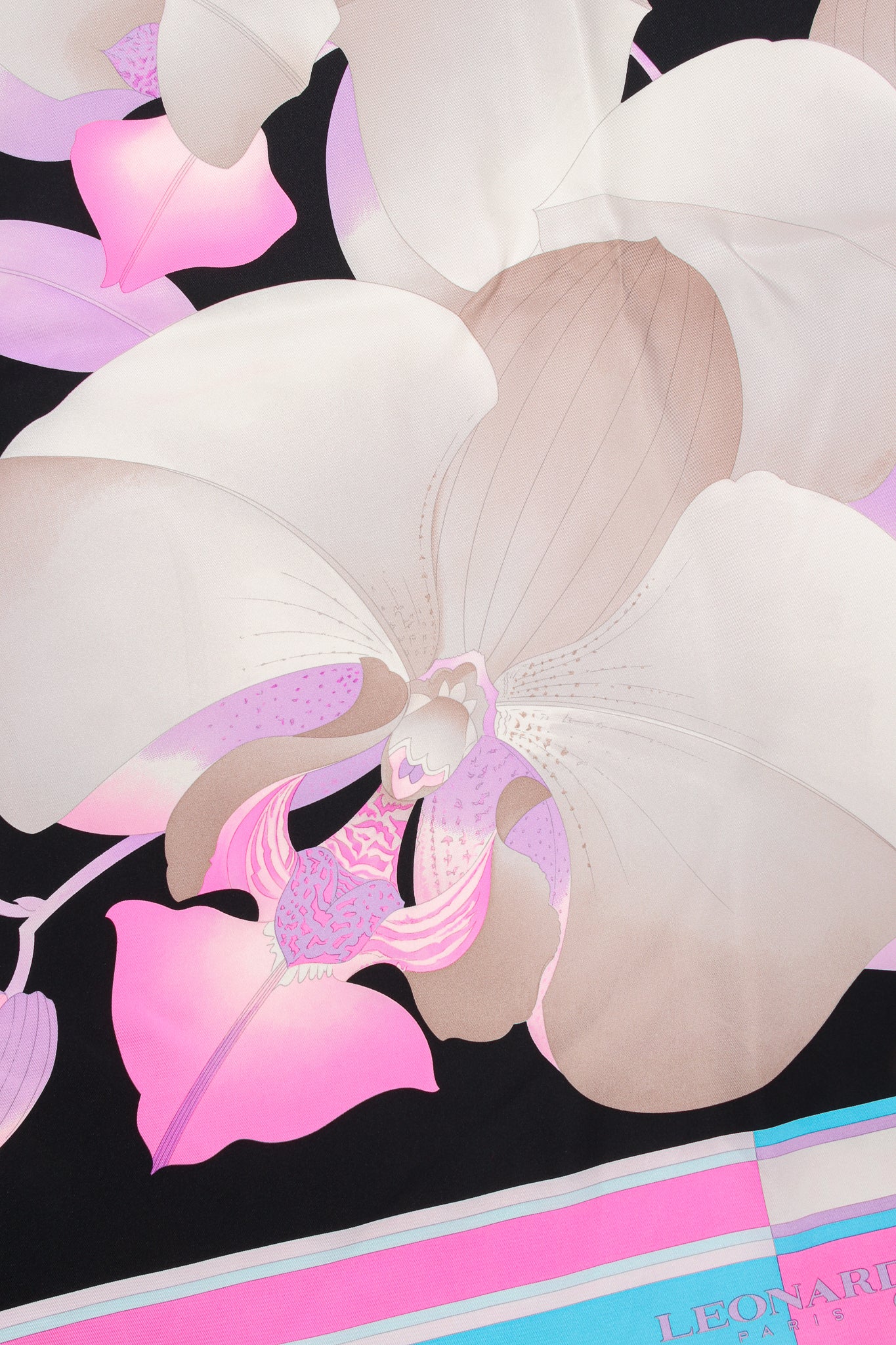 Vintage Leonard Silk Twill Orchid Blossom Scarf print detail at Recess Los Angeles