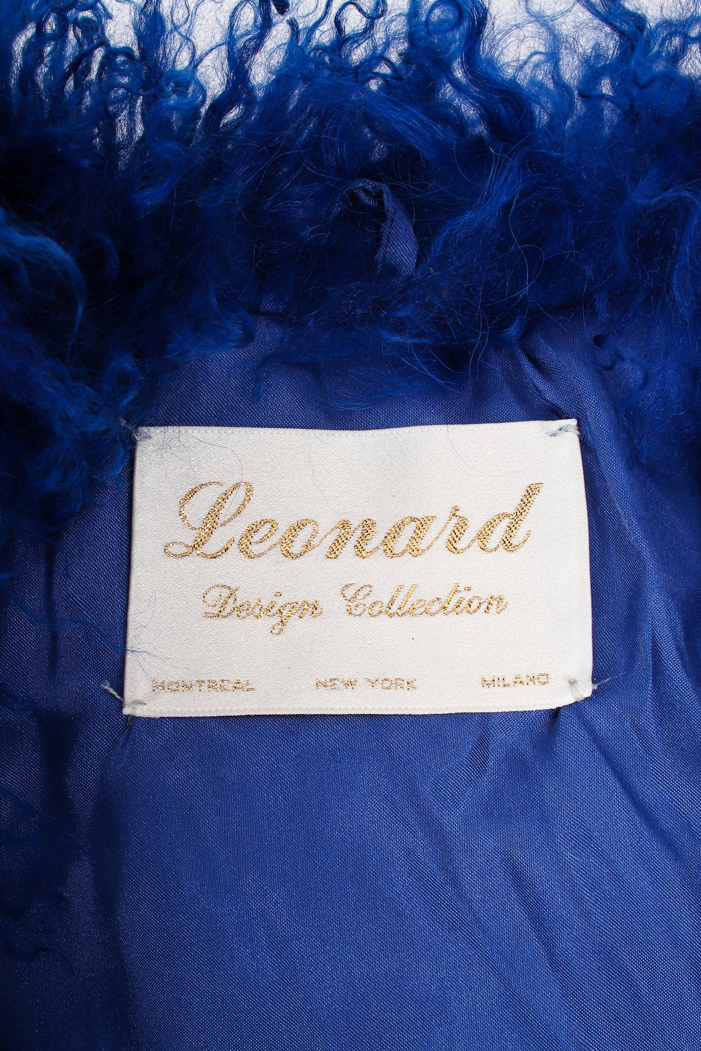 Vintage Leonard Cobalt Mongolian Fur Short Sleeve Swing Coat label at Recess LA
