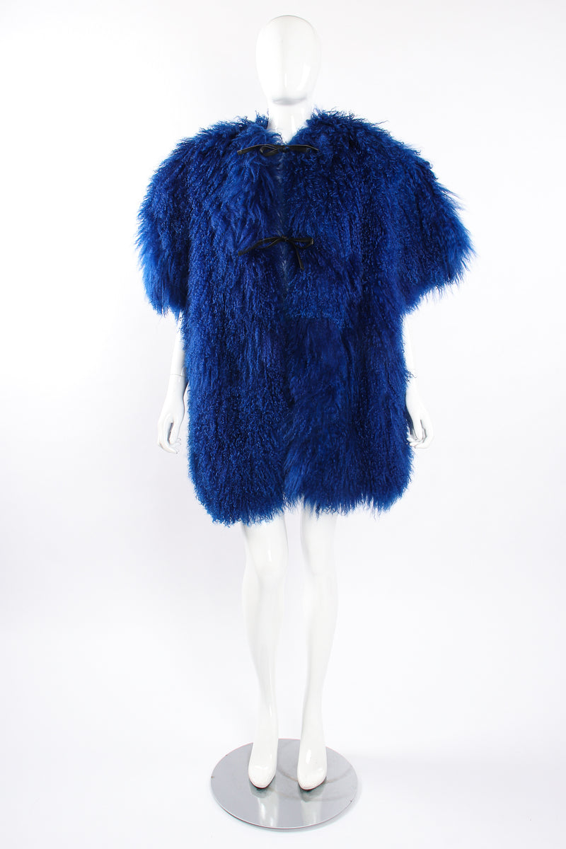 Vintage Leonard Cobalt Mongolian Fur Short Sleeve Swing Coat on Mannequin front at Recess LA