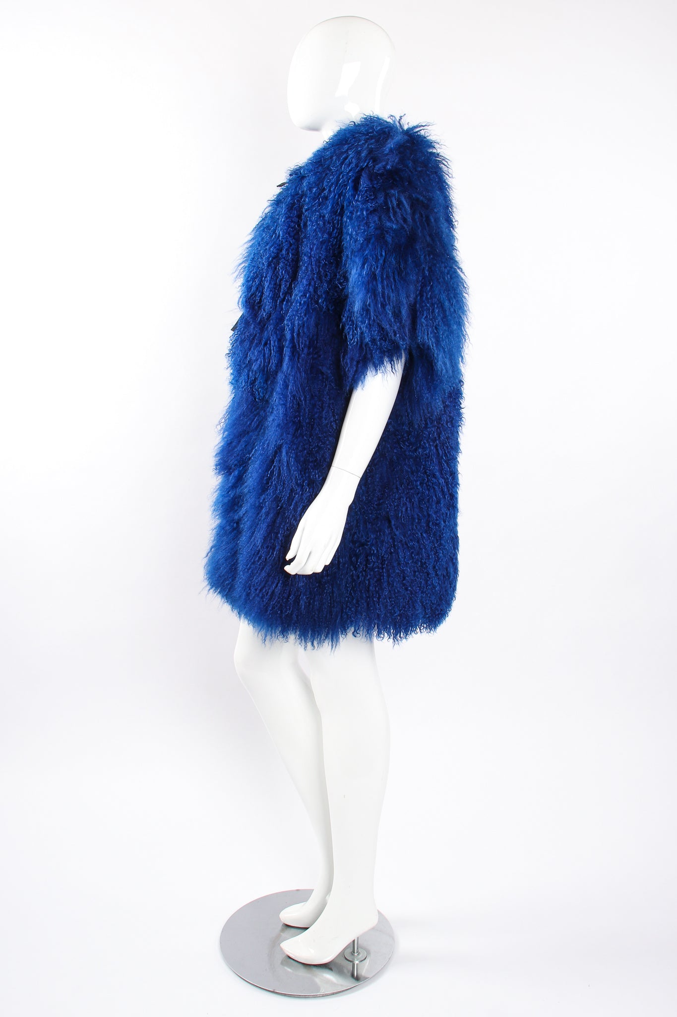 Vintage Leonard Cobalt Mongolian Fur Short Sleeve Swing Coat on Mannequin side at Recess LA
