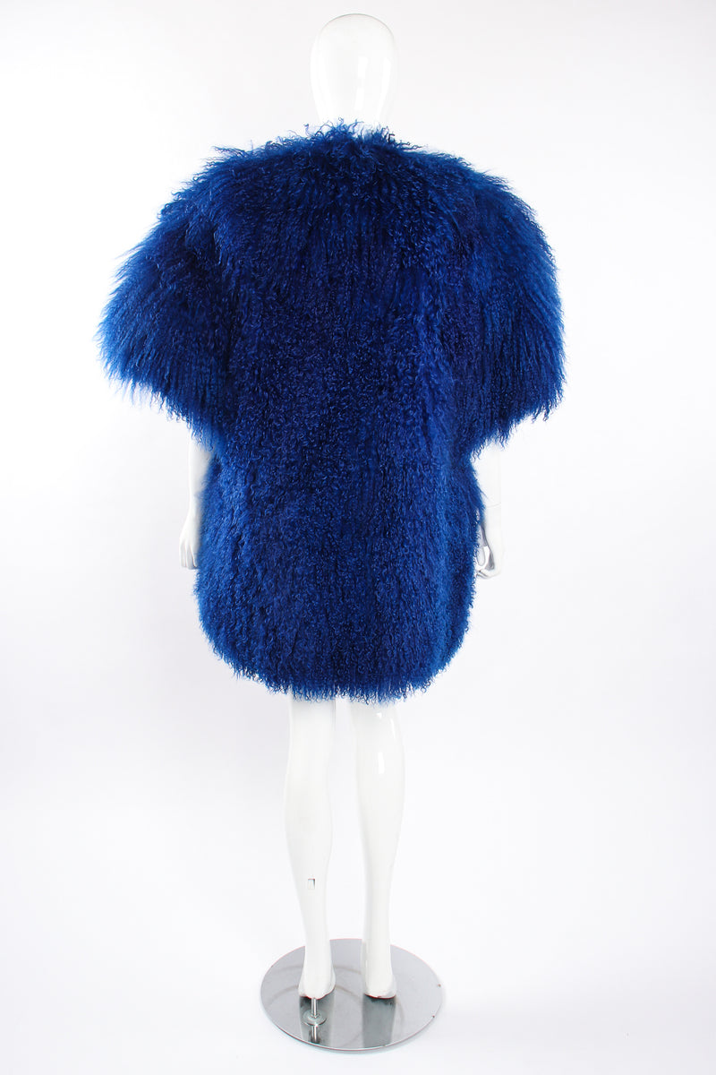 Vintage Leonard Cobalt Mongolian Fur Short Sleeve Swing Coat on Mannequin back at Recess LA