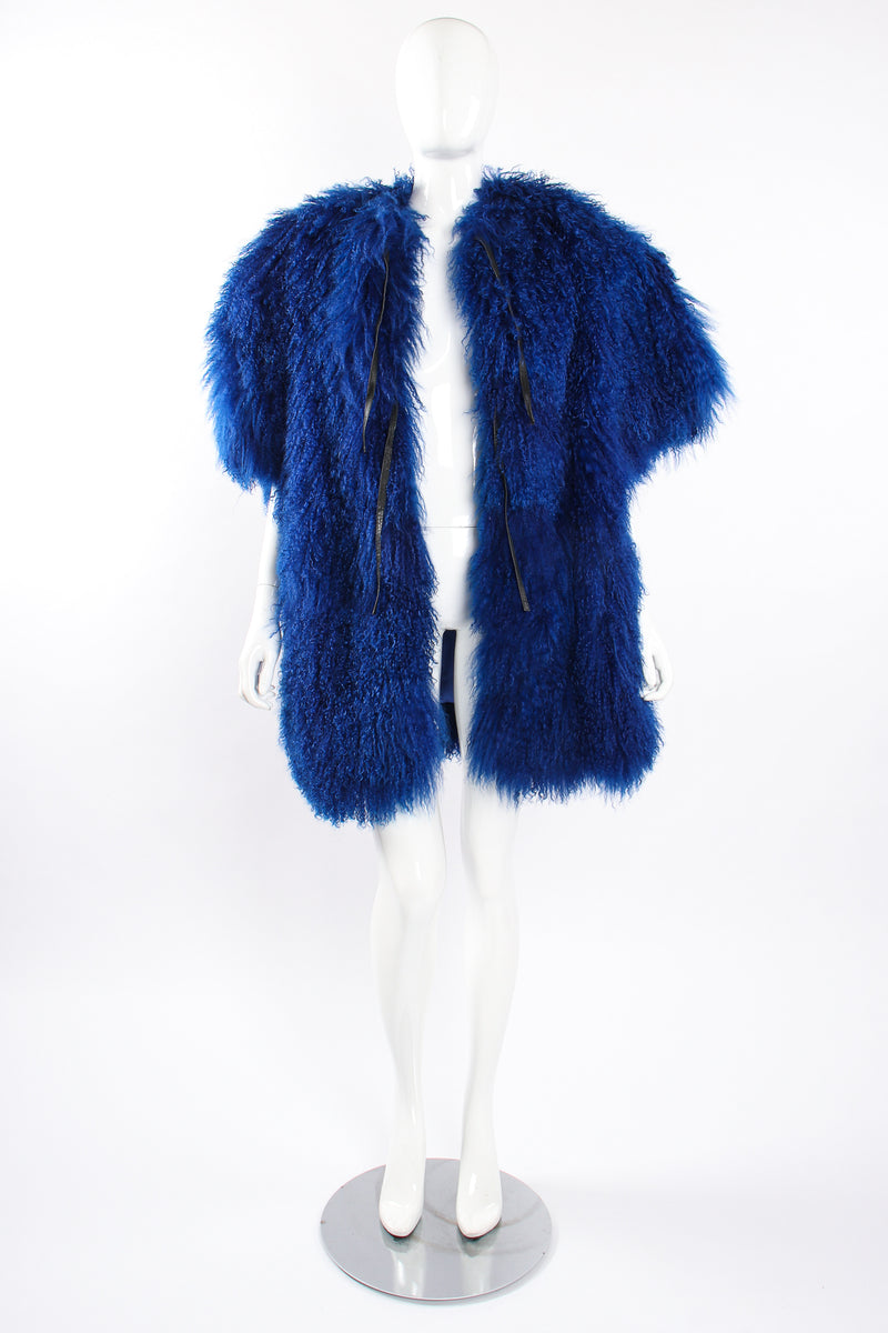Vintage Leonard Cobalt Mongolian Fur Short Sleeve Swing Coat on Mannequin front open at Recess LA