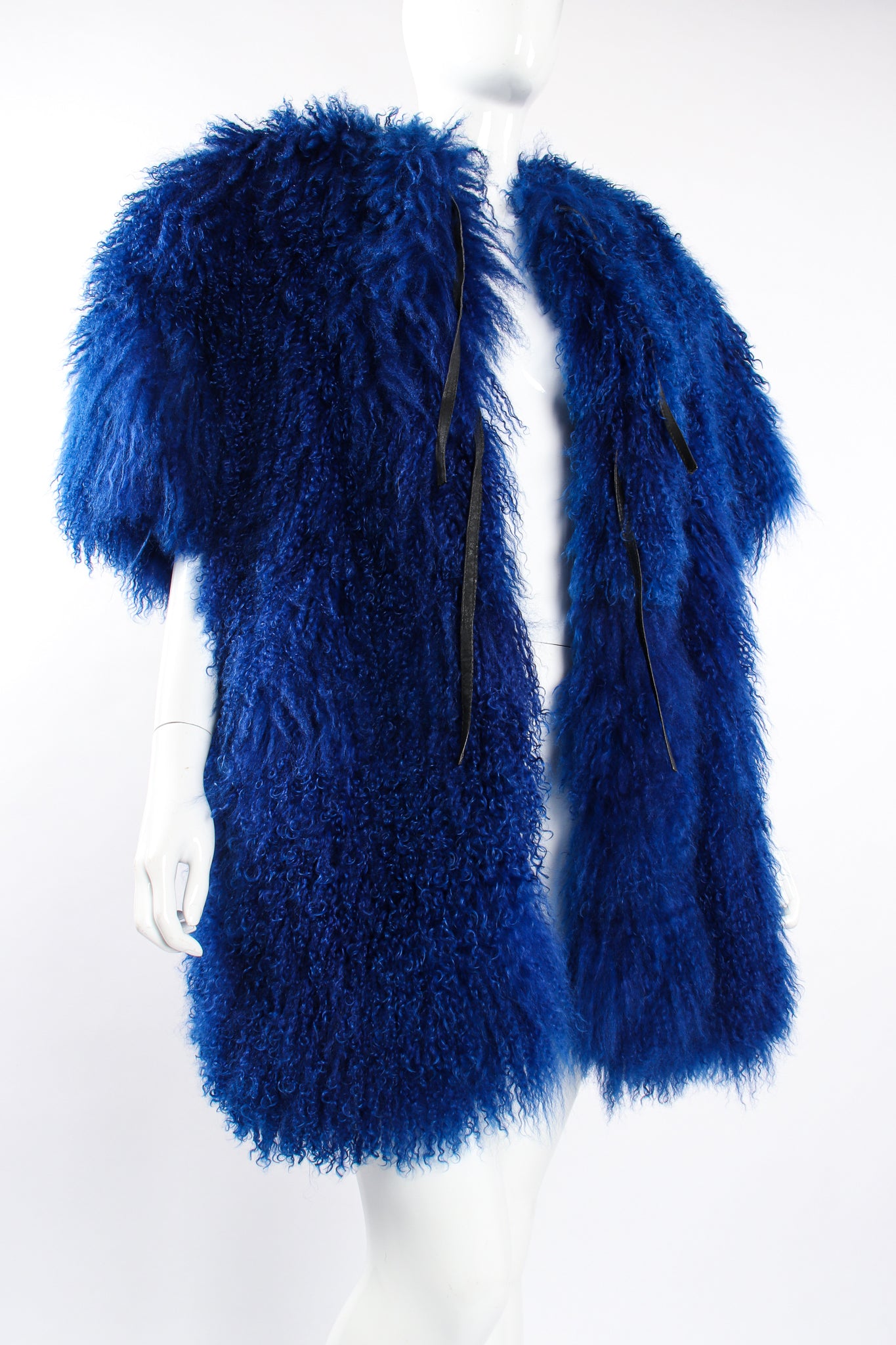 Vintage Leonard Cobalt Mongolian Fur Short Sleeve Swing Coat on Mannequin angle at Recess LA