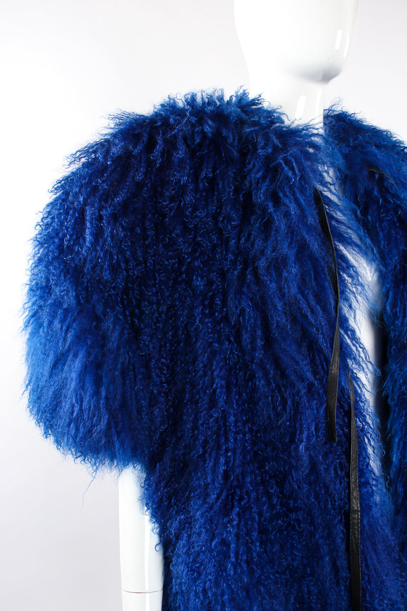 Vintage Leonard Cobalt Mongolian Fur Short Sleeve Swing Coat on Mannequin shoulder at Recess LA