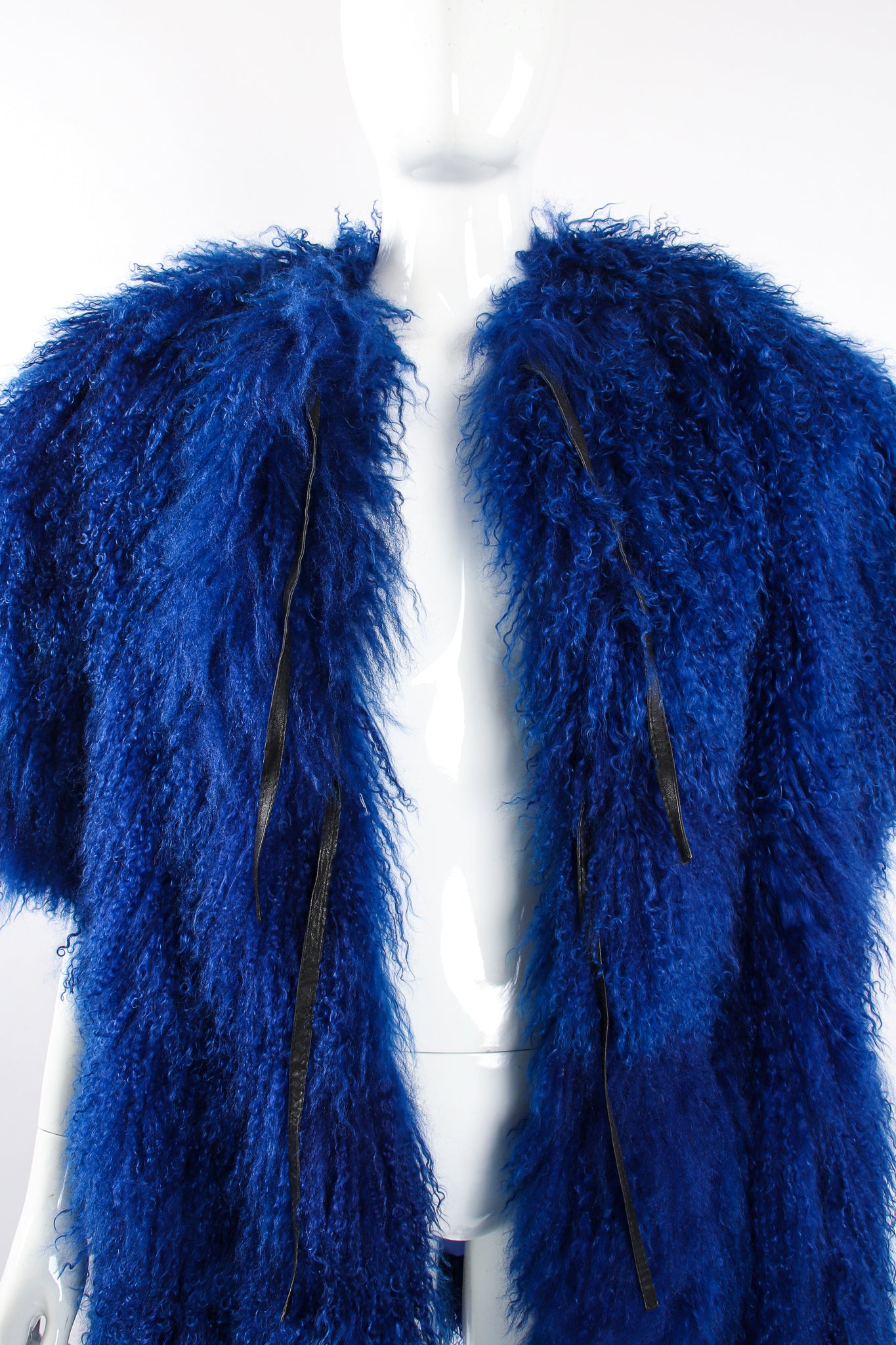 Vintage Leonard Cobalt Mongolian Fur Short Sleeve Swing Coat on Mannequin open at Recess LA