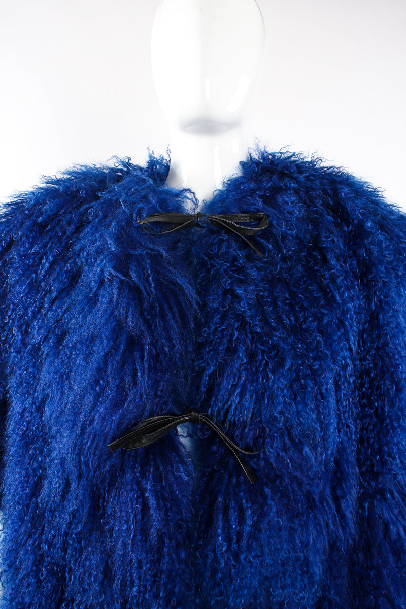 Vintage Leonard Cobalt Mongolian Fur Short Sleeve Swing Coat on Mannequin crop at Recess LA