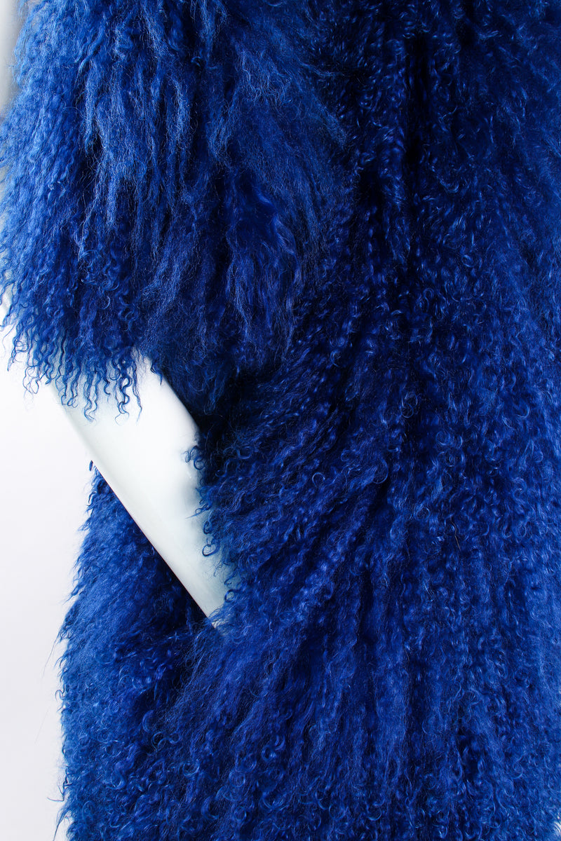 Vintage Leonard Cobalt Mongolian Fur Short Sleeve Swing Coat on Mannequin pockets at Recess LA
