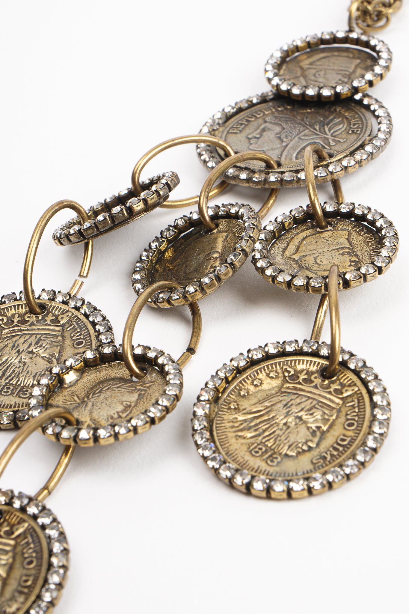 Vintage Les Bernard Rhinestone Coin Pendant Necklace detail at Recess Los Angeles