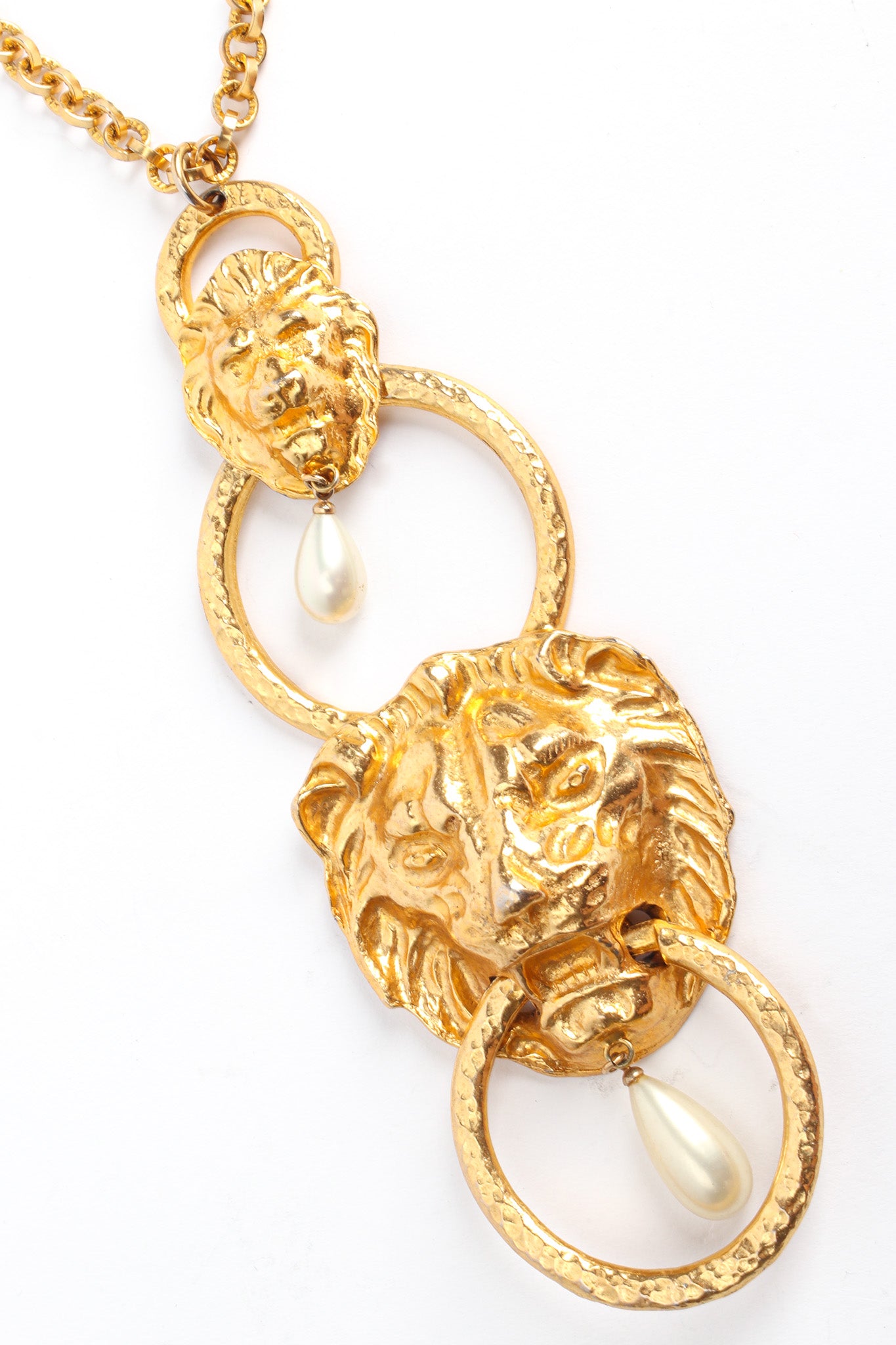Vintage Les Bernard Double Lion Door Knocker Necklace pendant close up  @ Recess LA