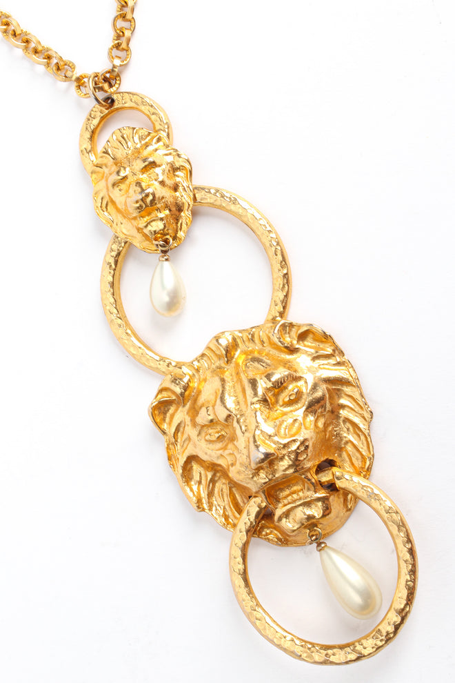 Vintage Les Bernard Double Lion Door Knocker Necklace pendant close up  @ Recess LA
