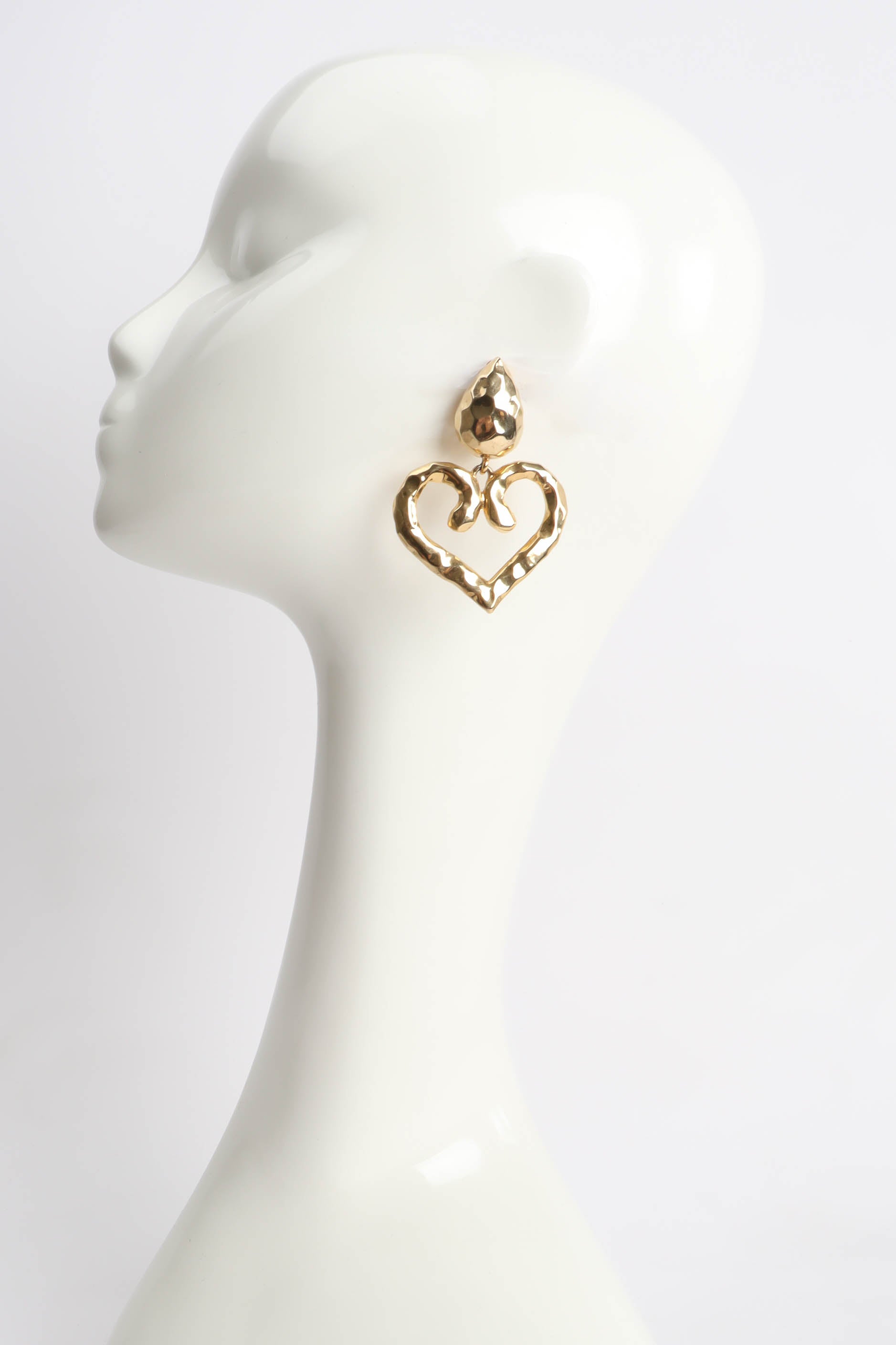 Vintage Les Bernard Hammered Heart Drop Earrings on mannequin @ Recess Los Angeles