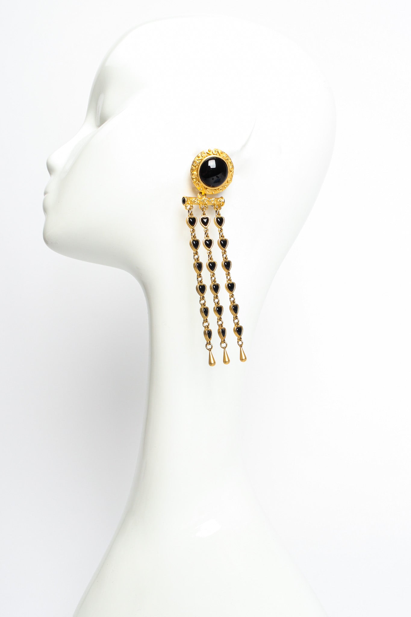 Vintage Leslie Block Love Chandelier Engraved Earrings on mannequin @ Recess LA