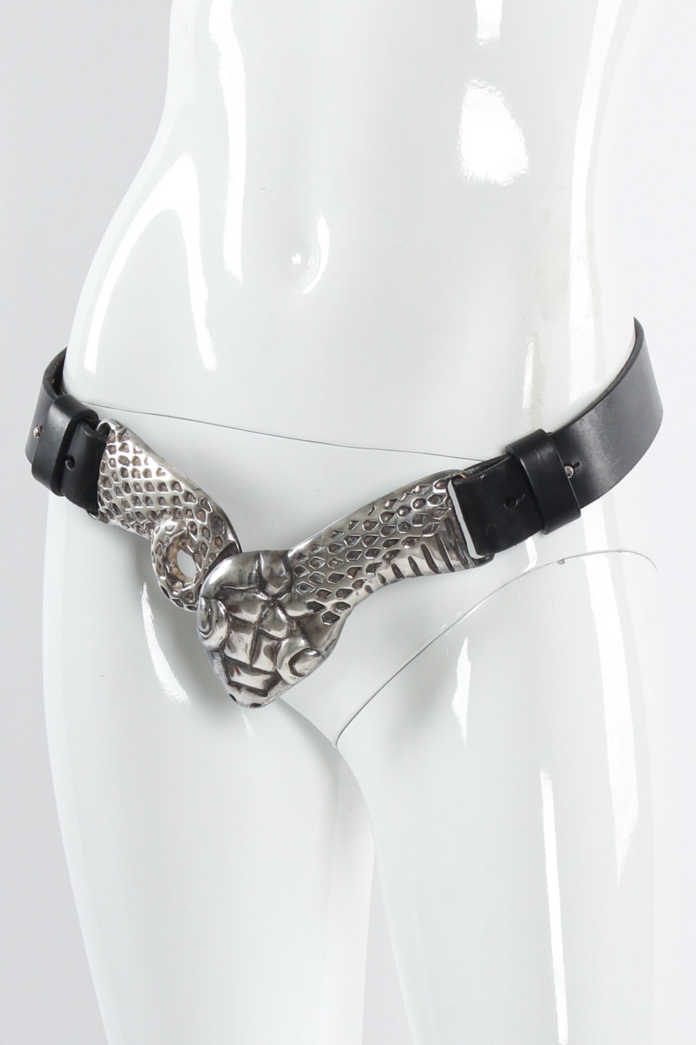 Vintage Lili Peau De Fleur Snake Head Leather Belt on mannequin angle @ Recess LA