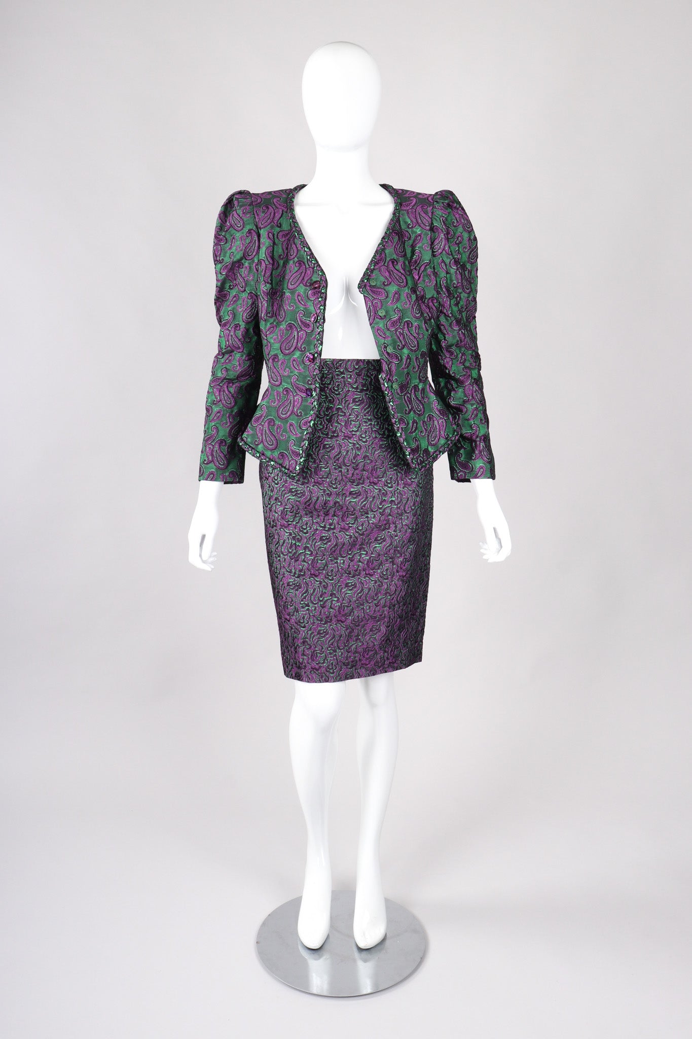 Recess Los Angeles Vintage Lilian Fell Metallic Lamé Paisley Peplum Jacket & Skirt Set