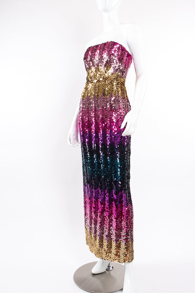 Vintage Lilli Diamond Ombré Sequin Strapless Sheath Dress on Mannequin angle at Recess LA