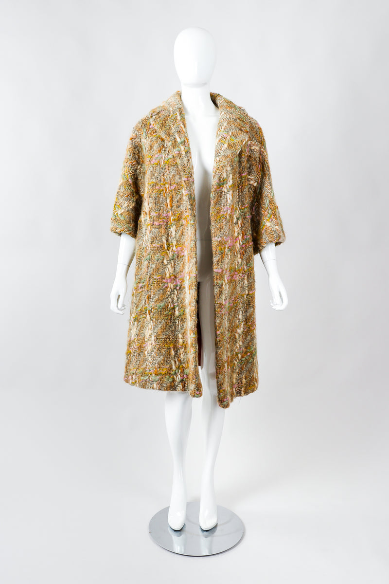 Vintage Lilli Ann Pastel Tan Mohair Bouclé Swing Coat on Mannequin Front at Recess Los Angeles