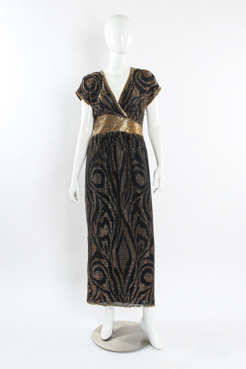 Vintage Lillie Rubin Abstract Leaf Swirl Beaded Silk Dress mannequin front @ Recess LA